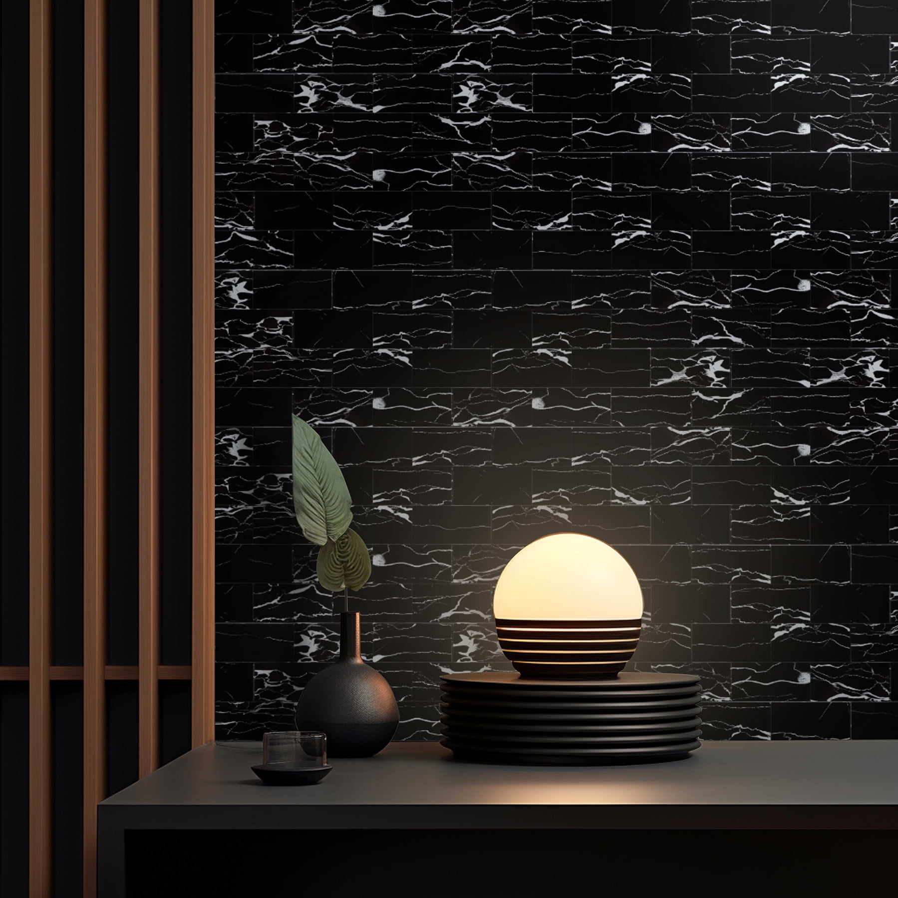 Black Peel and Stick Backsplash Tiles, 12" x 12" Faux Marble Stone Stick on Subway Tile for Kitchen Bathroom  (6 Sheets)