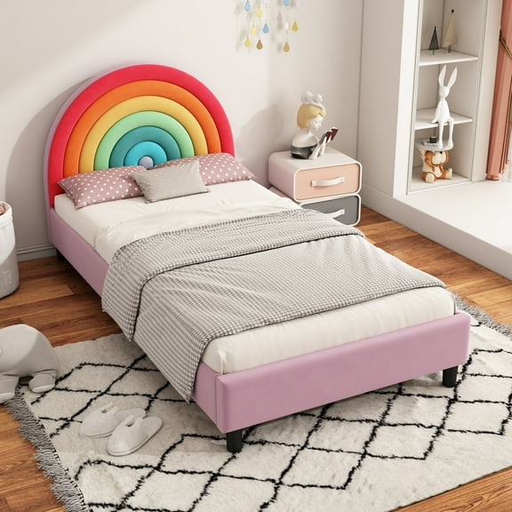 Twin Size Upholstered Platform Bed, Cute Style Princess Bed with Rainbow Design Headboard and Slats, for Boys & Girls, Teens (Pink)