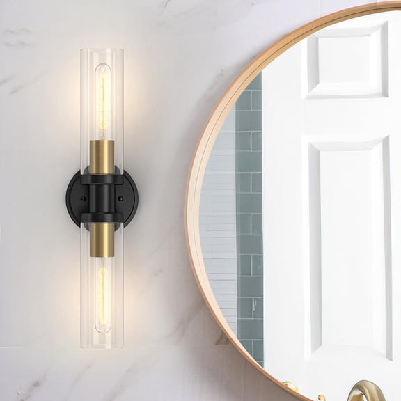 1 Pack Bathroom Vanity Light 2-Light Black & Gold, Modern Industrial Wall Sconces Over Mirror, Brushed Brass Bathroom Lighting Fixtures with Glass Shades