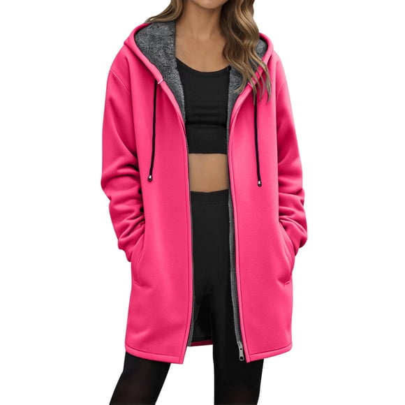 Women'S Autumn And Winter Solid Color Mid Length Fleece Lined Zipper Jacket Women'S Fleece Jackets & Coats Hot Pink Xxxl