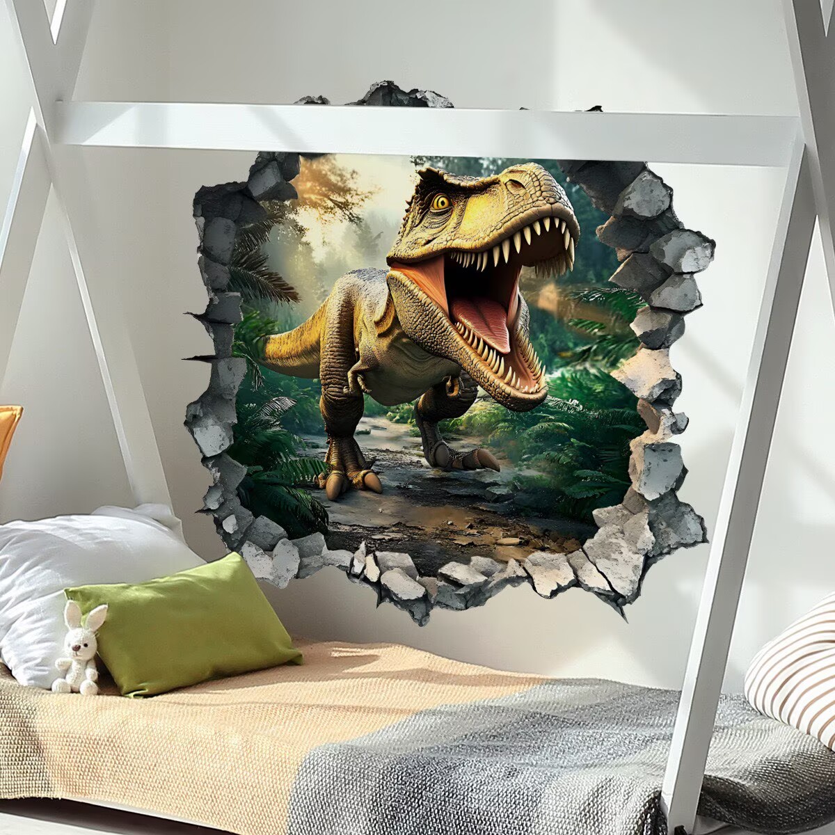 3D Broken Dinosaur Wall Decals for Boys Room, Break Through The Wall decal Peel and Stick Wall Art Decals Vinyl Wall Sticker for for Kids Bedroom Nursery Playroom Classroom
