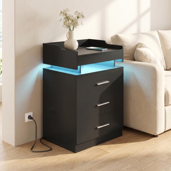 Toogaho 28" Tall Nightstand with Charging Station & 4 Drawers & LED Lights,Modern Bedside Table for Bedroom Living Room,Black