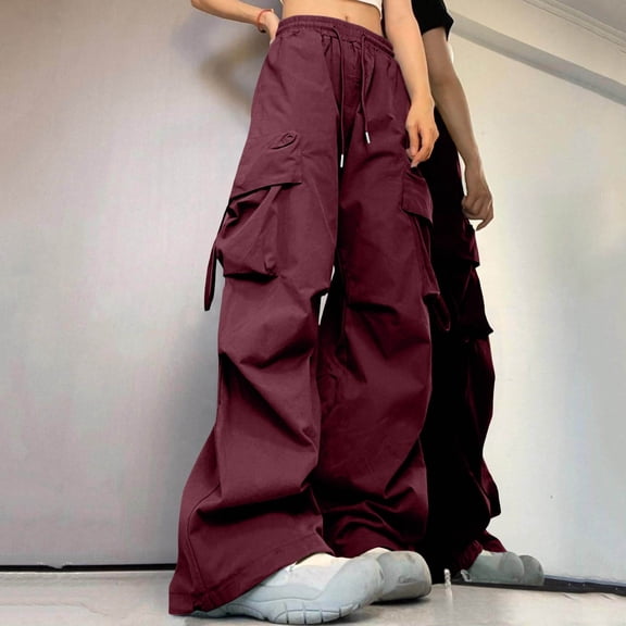 Tqcoqu Cargo Pants for Women High Waisted Wide Leg Baggy Pants Y2k Streetwear Casual Loose Fit Hiking Pant Trousers with Pockets,Red,Women's M-XXL