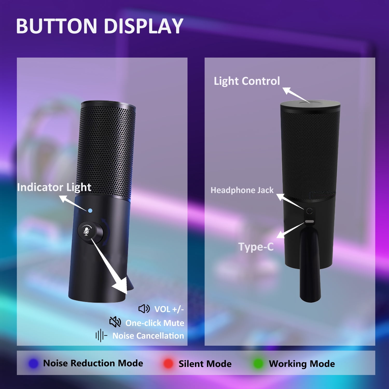 RONY USB Gaming Microphone with RGB Light One Key Mute Noise Cancel for Computer, Black