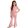 thumbnail image 5 of OGLCCG Girls 2 Piece Summer Outfits Ruffle Sleeve Crewneck T-shirt and Flare Pants Solid Color Casual Cotton Lounge Clothes 1-9 Years, 5 of 7