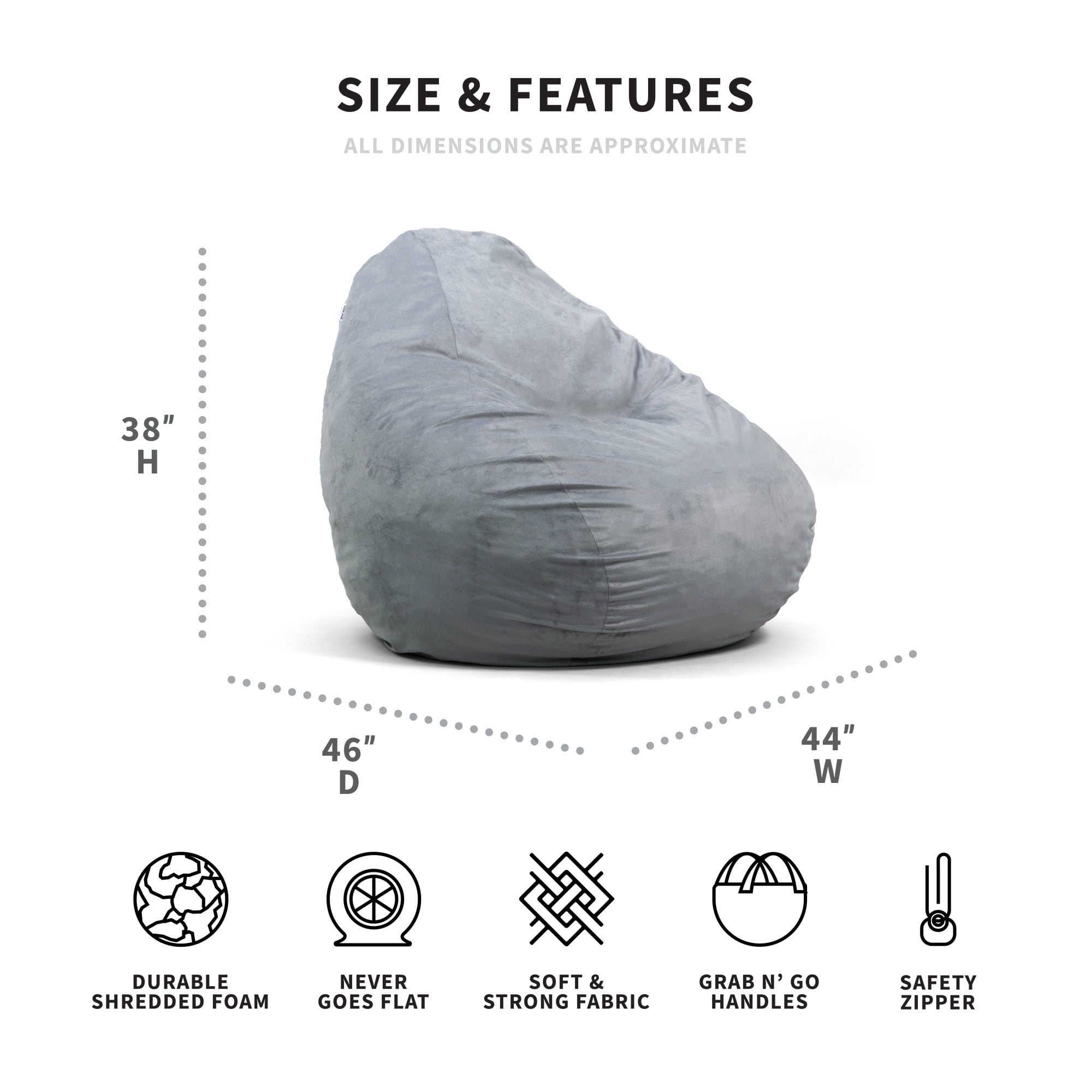 Big Joe Lotus Foam Filled Teardrop Bean Bag Chair with Removable Cover, Gray Plush, Soft Polyester, 4 feet Big