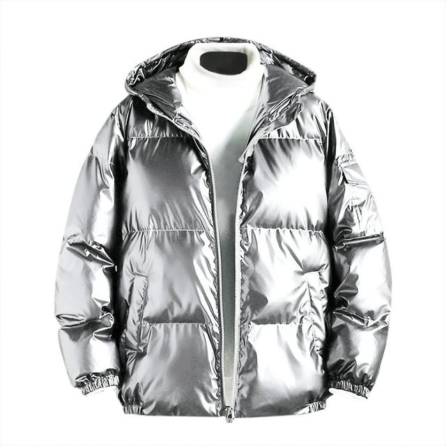 Penkiiy Down Jacket for Men Shiny Hooded Reflective Down Jacket Cotton Jacket White S Y2K Clothes