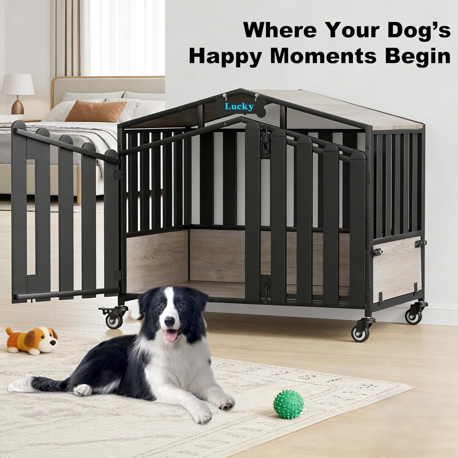 POAO 41"Heavy Duty Dog Crate Furniture for Medium Dogs(35-60lb), Dogs Kennel Indoor with 360° Wheels,Dog Cage with Feeding Window and Name Tag