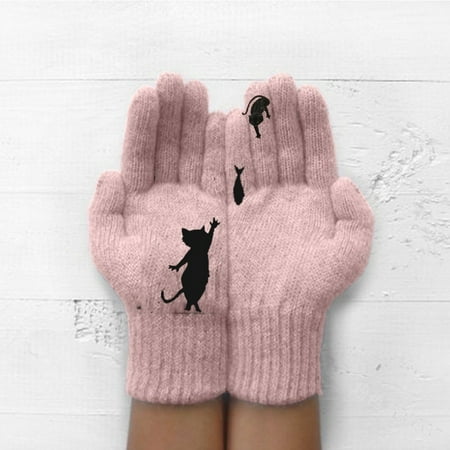 

EQWLJWE Ladies Woolen Gloves Autumn And Winter Outdoor Warm Cat Printing Gloves Gloves Holiday Clearance