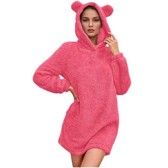 Sweatshirt Dress for Women Fuzzy Fleece Pullover Hoodie Casual Solid Soft Warm Winter Long Sleeve Pajamas Sleepwear