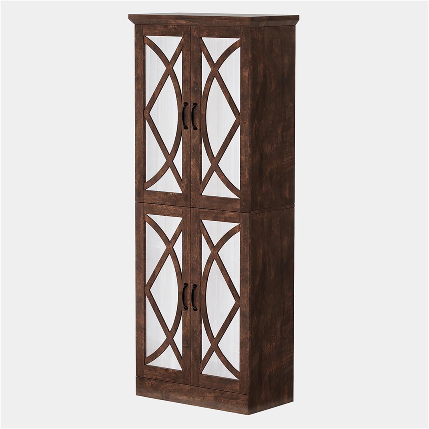 Demi Bonn 6 Tier Bookcase with 4 Mirrored Doors, 68" Tall Wood Bookshelf Storage Cabinet Pantry Organizer for Bedroom, Living Room, Brown