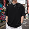 thumbnail image 2 of Black T Shirts for Men 3xl Short Sleeve Big and Tall Cropped Short Sleeve Tshirts Casual Stylish Solid Color Boat Neck Casual Summer Vacation Basic Basic Tee, 2 of 5