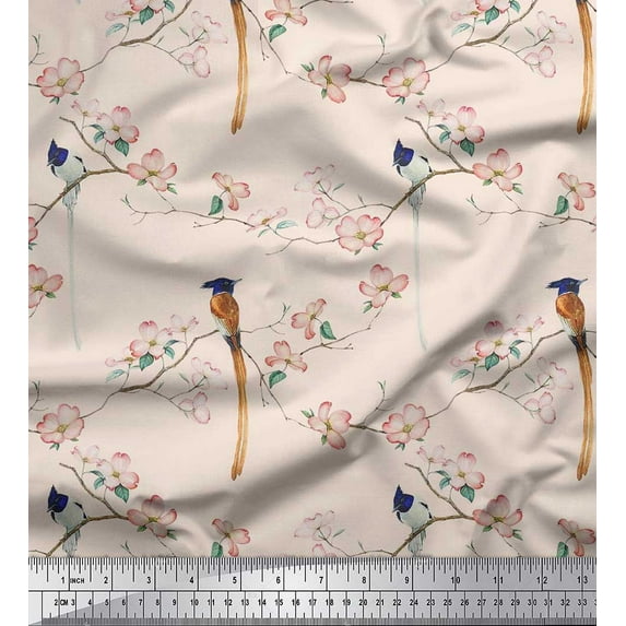 Soimoi Rayon Fabric Leaves,Floral & Paradise Flycatcher Bird Fabric Prints by Yard 42 Inch Wide