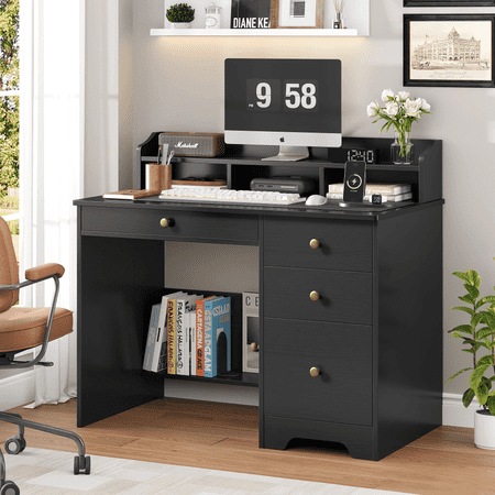 Computer Desk with Drawers and Hutch Shelf, Wood Executive Desk Writing Study Table with 43” Wide Tabletop, Small Desk with File Drawer for Home Office Bedroom, Black