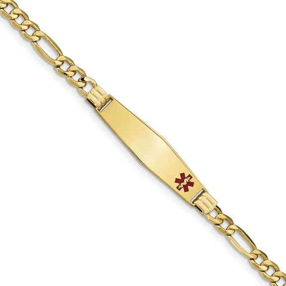 14K Yellow Gold Medical Soft Diamond Shape Enamel Semi-Solid Figaro Link ID Bracelet