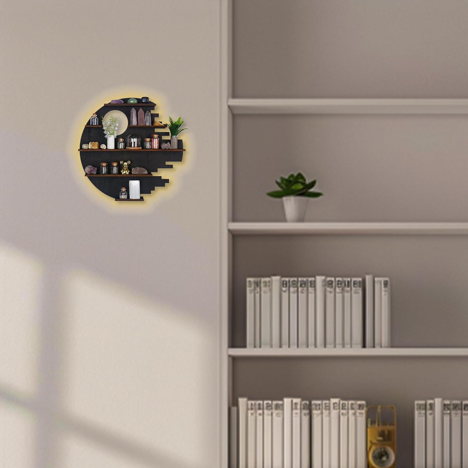 Wooden Moon Shelf with LED Lights, Crystal Shelf Display for Wall Rock Gem Stone Shelf Witchy Trinkets Holder Boho Wall Decor Floating Shelves for Nail Polish & Essential Oil