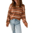 thumbnail image 3 of Womens Striped Ribbed Edge Sweater Long Sleeve Crewneck Drop Shoulder Fall Sweaters Top Light Brown XL, 3 of 6