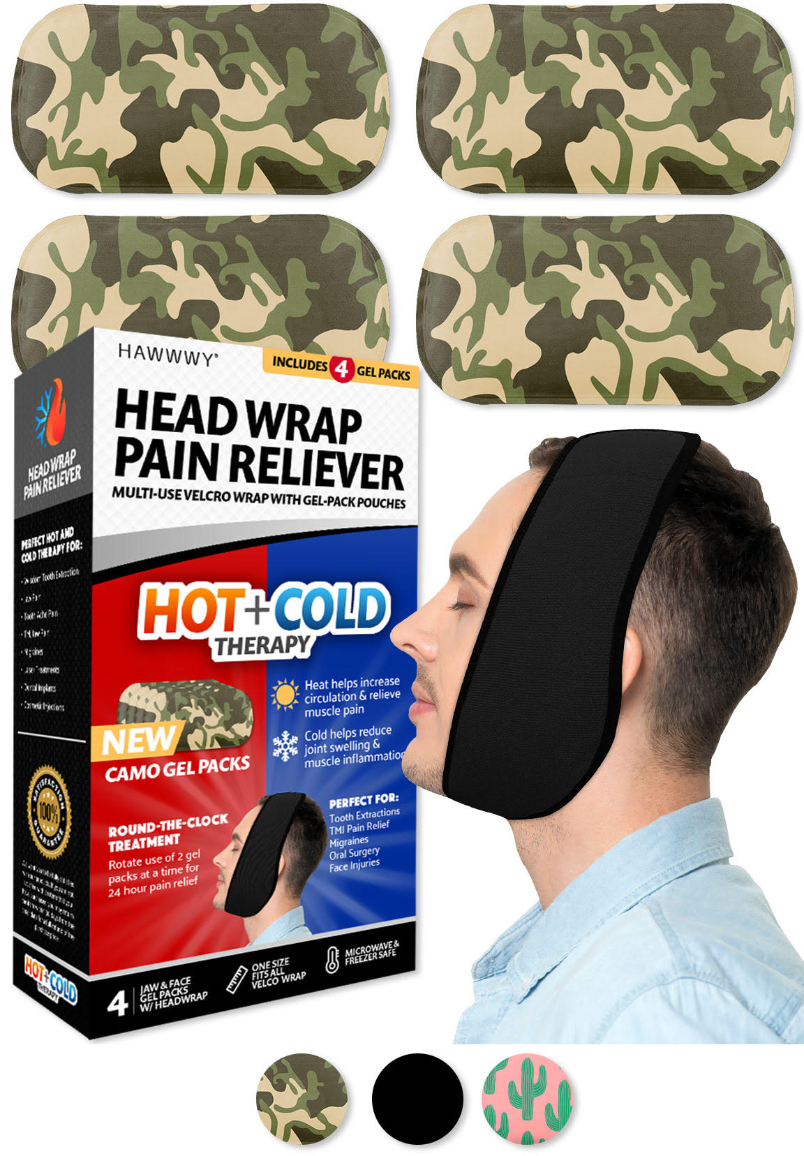 Hawwwy Head Wrap Pain Reliever (1 Wrap, 4 Reusable Hot Cold Gel Packs