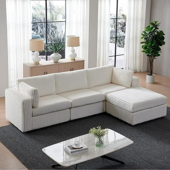 Mestyl 113" Modular Couch with Ottoman, L-Shaped Convertible Cloud Sofa, Corduroy Fabric, Cloud Plush Cushions, Durable White Sofa Set for Living Room