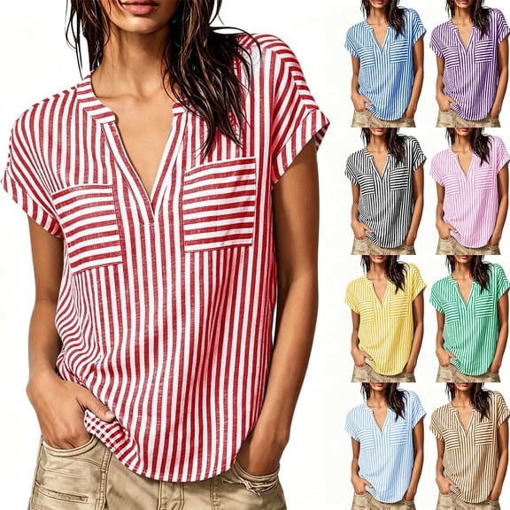 VBVC Women's Striped V Neck Tops , Summer Casual Loose Blouses For Women,Ladies' Dolman Sleeve Tunic Shirts with Pockets,Black,S-2XL