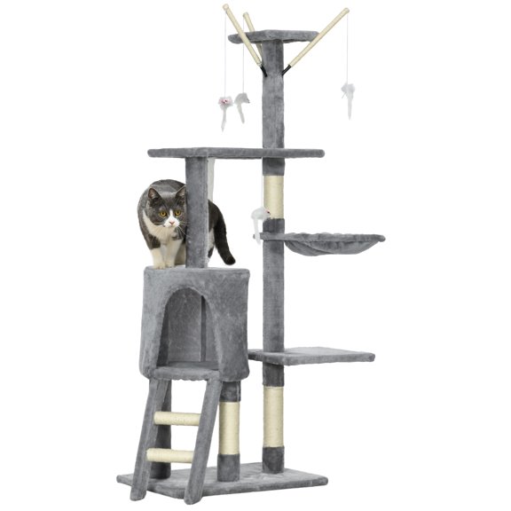 PawHut Arbre à Chat Tour de 53 Pouces, avec Condo, Grand Centre d'Activités pour Chaton, Gris