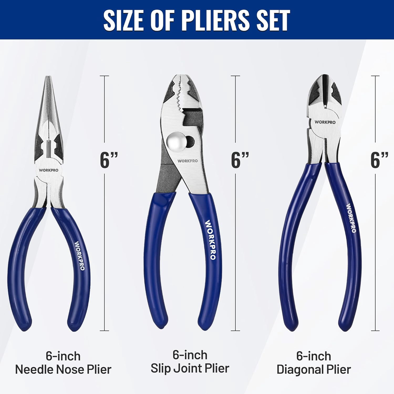Set, 3-Piece Professional Tool Kit – 6" Needle Nose Plier, 6" Slip Joint Plier & 6" Diagonal Plier, Soft Grip Handles for Home DIY & Electrical Work