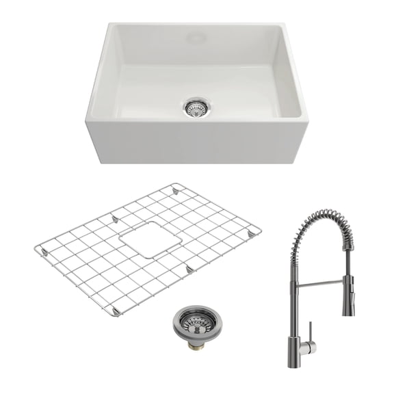 BOCCHI 1356-001-2020SS Apron Front Fireclay 27 Inch Single Bowl Kitchen Sink Set