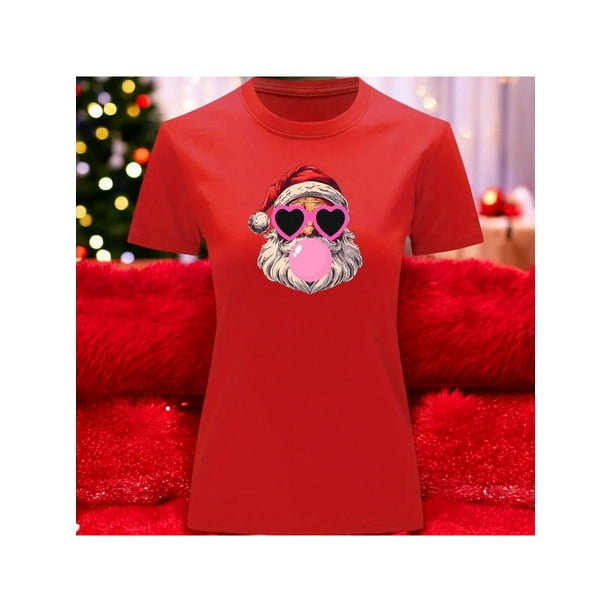 Playera Blusa Con Estampado De Santa Fashion Con Lentes Y Chicle Ropa De Mujer Color Rojo Talla Mediana Marca Emil SaEs