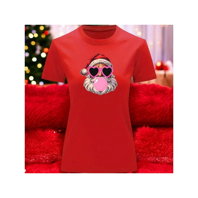 Playera Blusa Con Estampado De Santa Fashion Con Lentes Y Chicle Ropa De Mujer Color Rojo Talla Chica Marca Emil SaEs