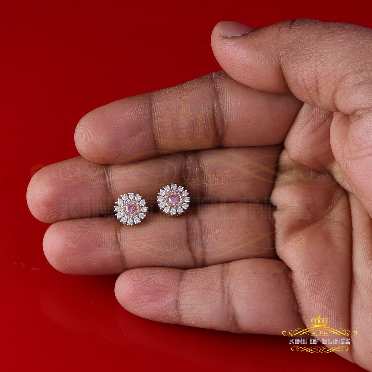 King of Bling's Men's/Women's 925 Silver Yellow 1.00ct VVS D Pink Moissanite Round Stud Earrings