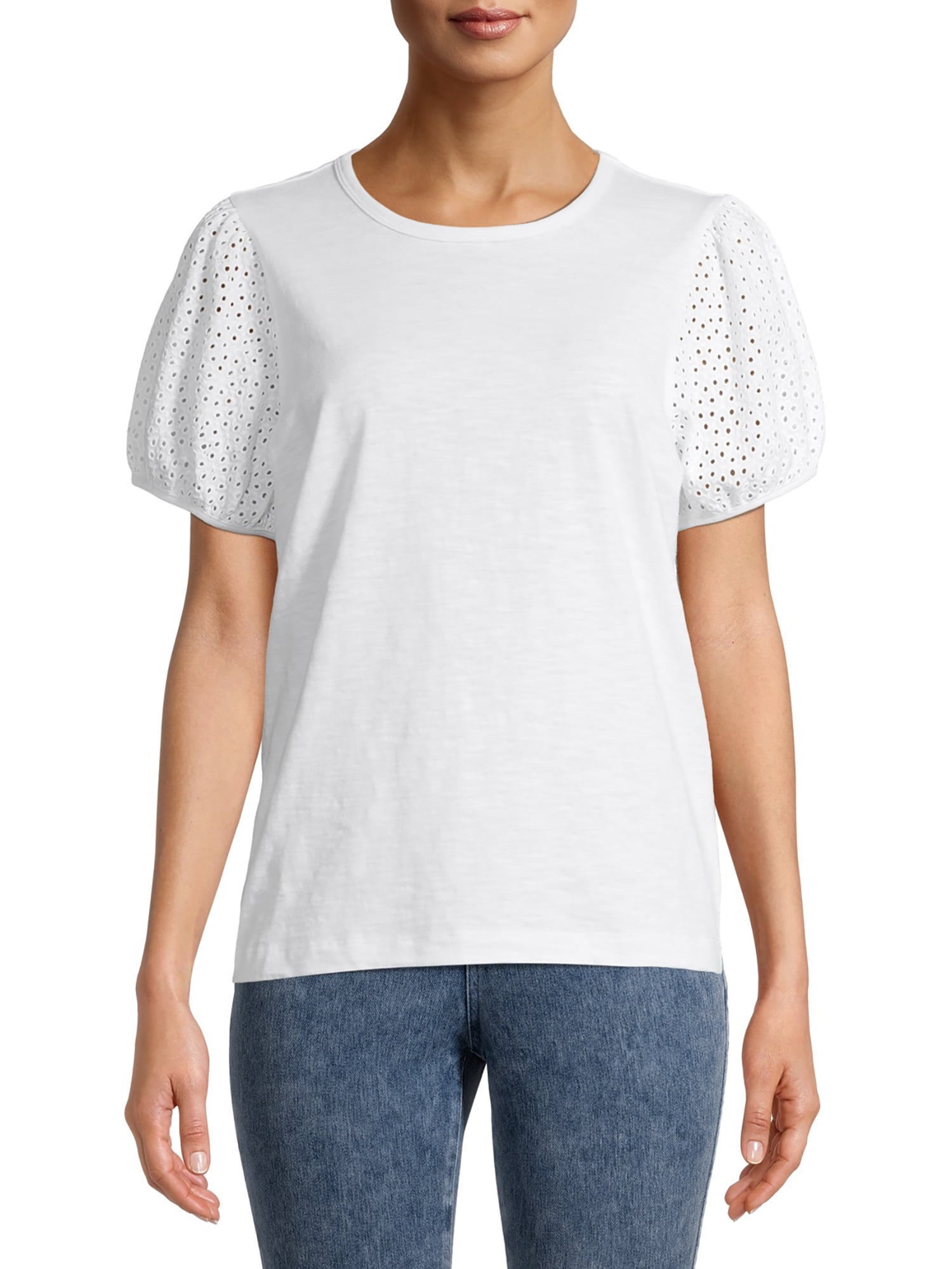 Time and Tru - Time and Tru Women's Eyelet Puff Sleeve Top - Walmart ...