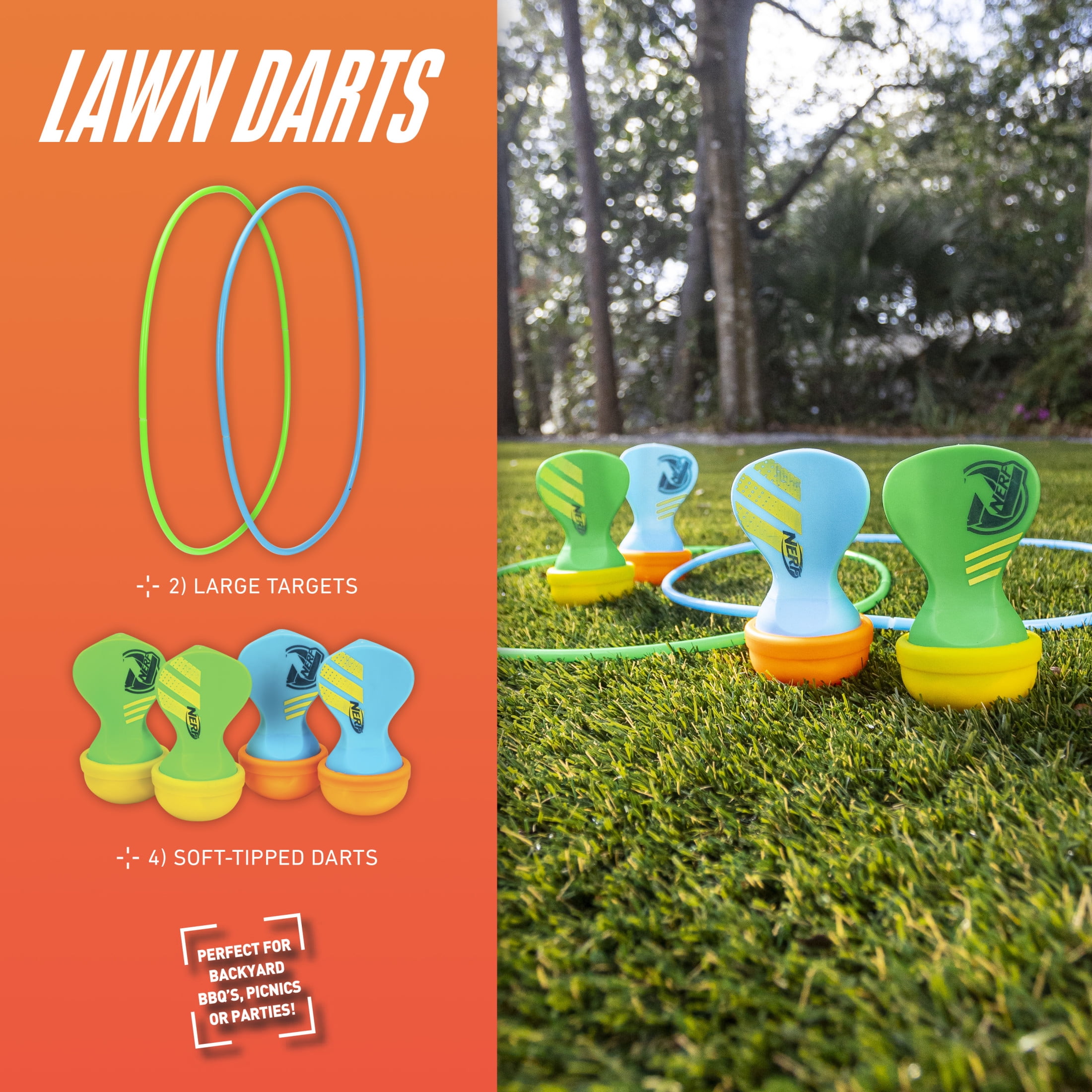 NERF Soft Tip Lawn Darts - Fun Outdoor Family Yard Game - Adults + Kids Soft Tip Lawn Dart Set - Perfect for Camping, Backyard + Outdoors - Includes (4) NERF Soft Tipped Lawn Darts + (2) Targets