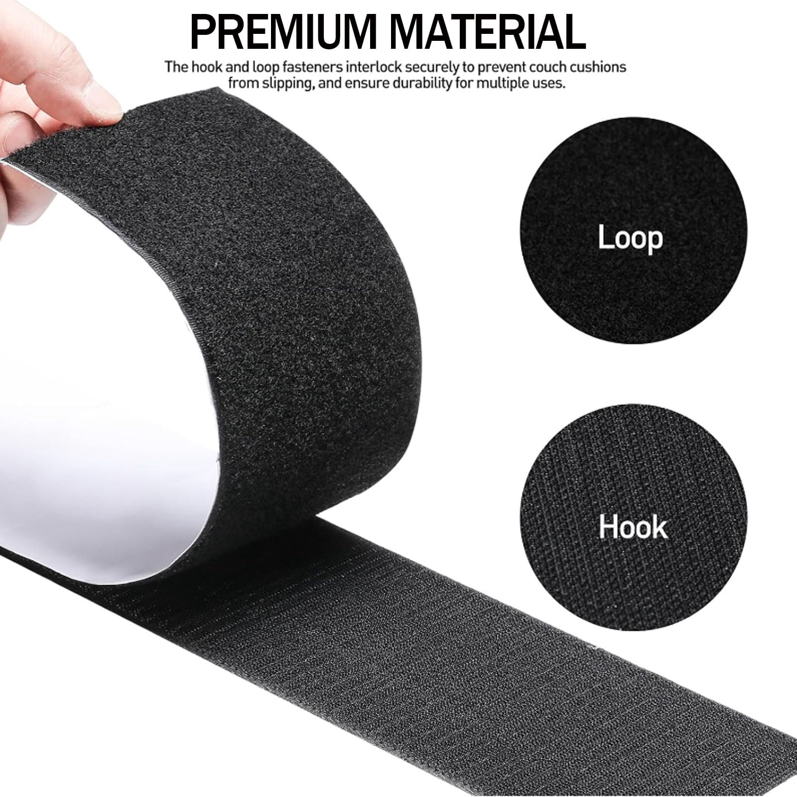 4.3"×26.5Ft Heavy Duty Velcro Hook and Loop Tape, Adhesive Rug Gripper, Outdoor Couch Cushion Grip, Anti-Slip for Carpets Mattresses Wall Hanging, Black