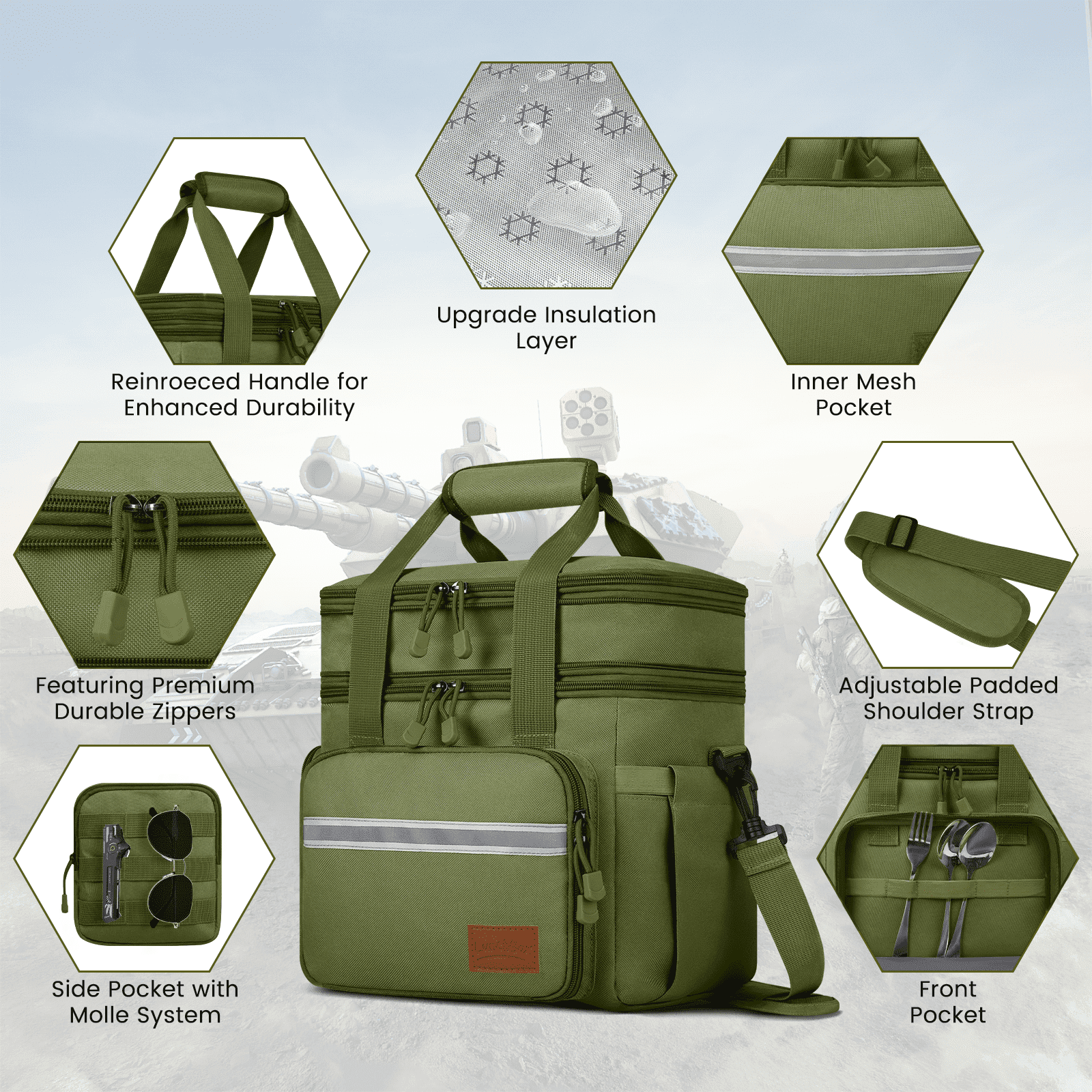 Lunch Bag for Men, 24L Expandable Insulated Lunch Box with Side Pockets, Double Deck Leakproof Cooler Tote Bag with Adjustable Shoulder Strap, 24 Can, Suit for Office/Picnic/Camping/Beach, Green