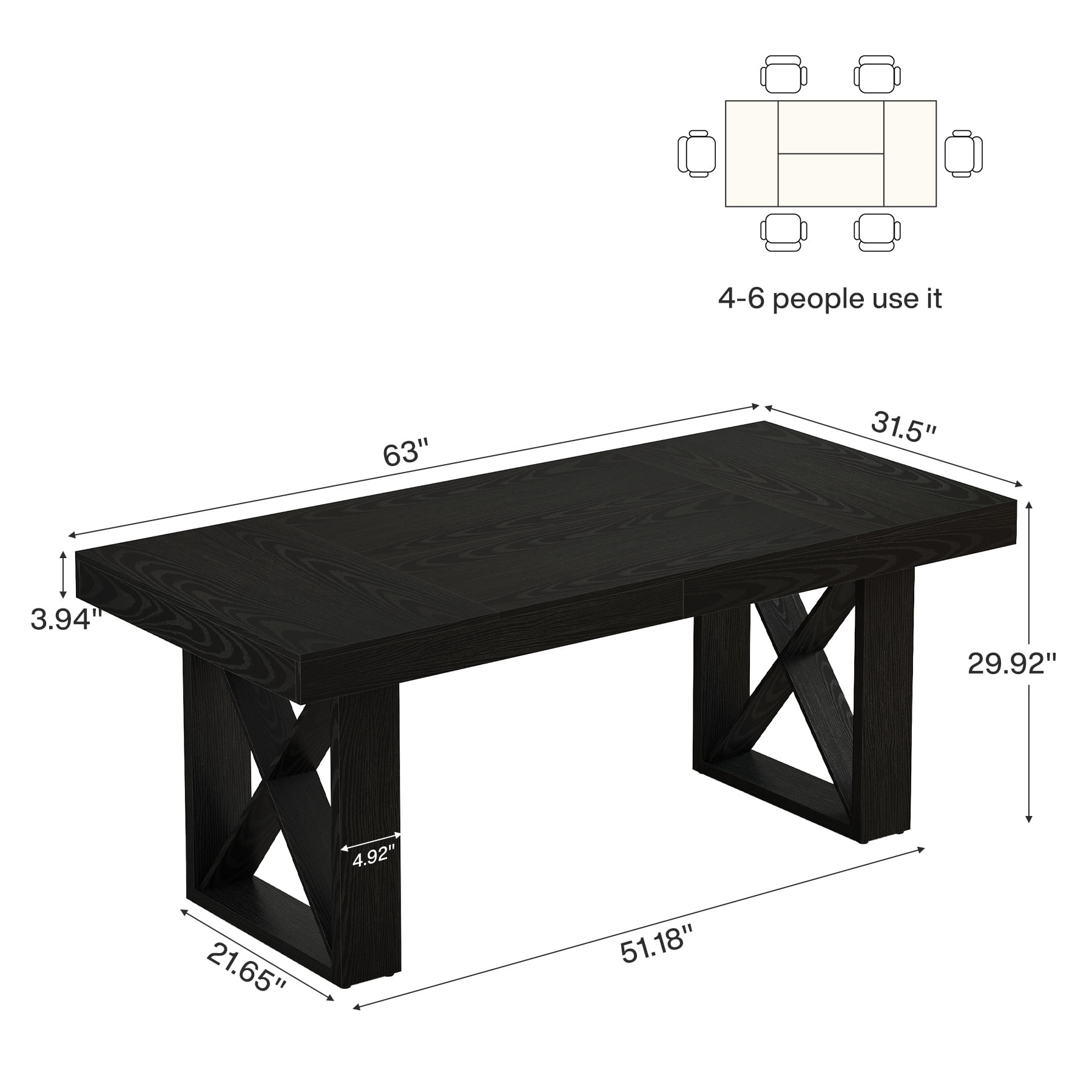 Tribesigns 63-Inch Dining Table for 4-6 People, Farmhouse Thick Appearance Design, Rectangle Kitchen Dinner Table for Dining Room, Living Room, Black