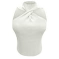 thumbnail image 4 of JGGSPWM Women's Casual Halter Crop Top Ribbed Knit Tank Top Criss Cross Fitting Tee White M, 4 of 5