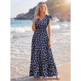 thumbnail image 4 of Navy Floral Print A-Line Maxi Dress With Cap Sleeves And Ruffle Hem Multicolor 3, 4 of 8
