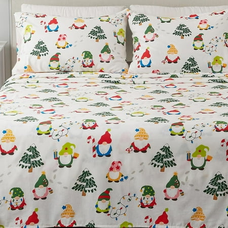 4 Piece 100% Turkish Cotton King Christmas Flannel Sheet Set | Kids Holiday Printed Bedding Sheets & Pillowcases | Double-Brushed Flannel Bed Sheets (King, Holiday Gnomes)