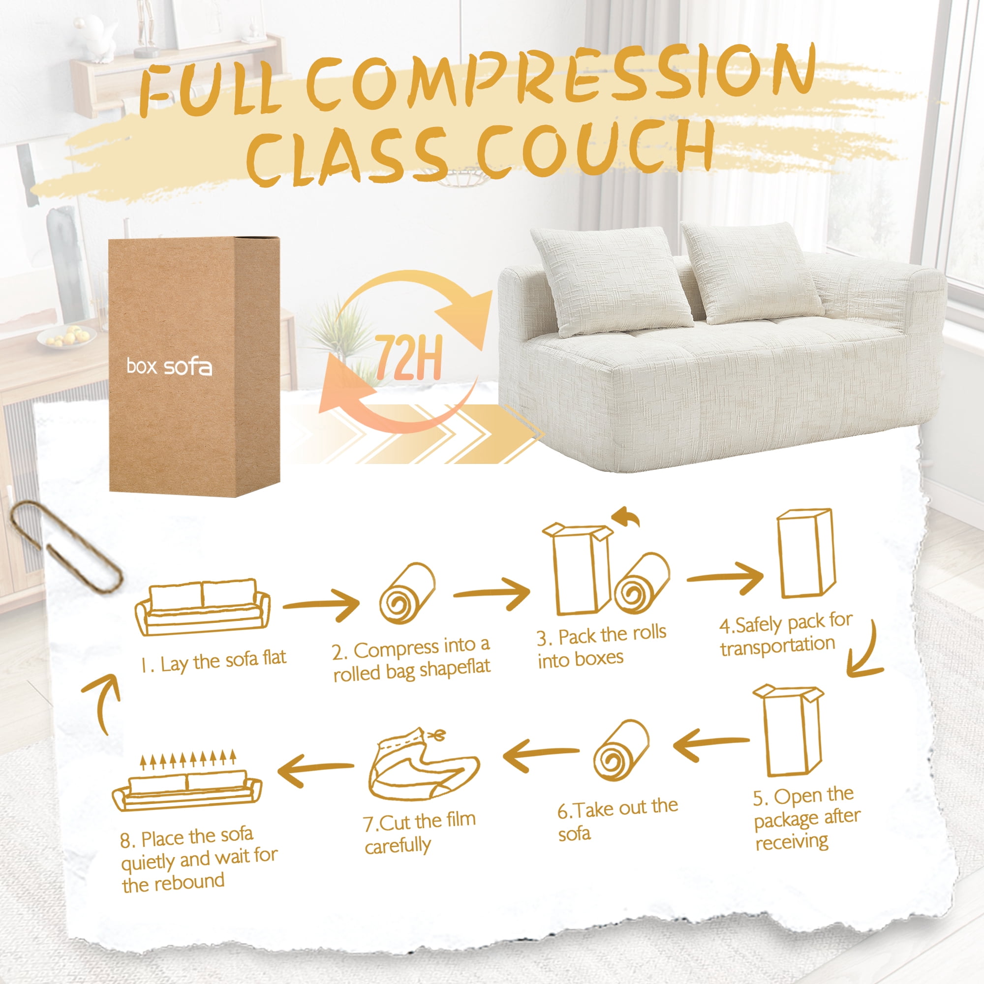 MOONMISS Chenille Upholstered Modern 2-Seater Lazy Compression Sofa with Small Side Pocket-Beige