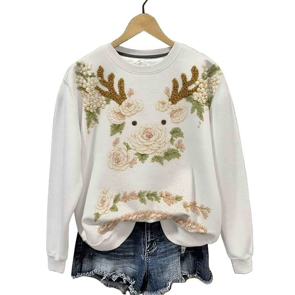 asdoklhq Christmas Sweatshirt for Womens Christmas Print Oversized Sweatshirts Fall Long Sleeve Sweatshirt Red 3X