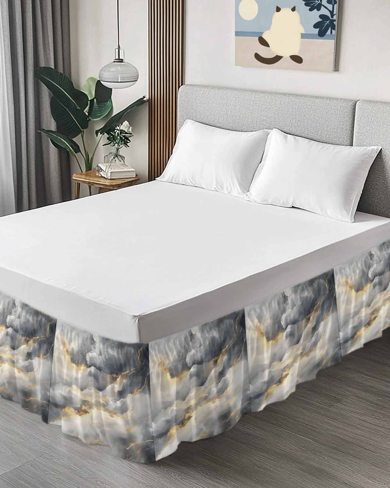Grey Marble Wrap Around Bed Skirts for Queen Bed 16" Drop,Bed Skirt with Adjustable Elastic Belt Dust Ruffle Bed Valance for Bedroom Hotel Modern Abstract Ink Painted Aesthetics Bed Frame Cover