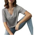 thumbnail image 4 of Womens Going Out Tops Casual V-Neck Cuffed Elbow-Length Sleeve Tshirts Loose Ribbed Knitted Solid Color Soft Basic Pullover Blouses Tees, 4 of 8