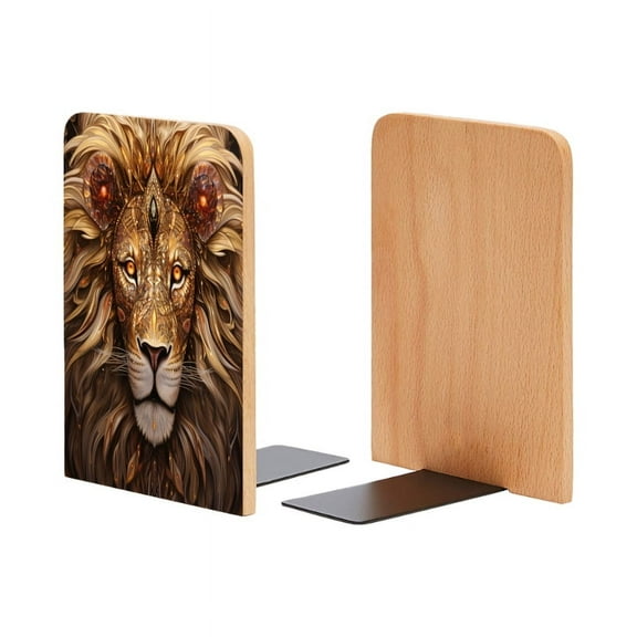 Bookends 1 Pair Non-Skid Bookend Wood Bookends for Shelves Book Stand for CDs - Majestic Lion With Golden Mane Adorned in Intricate Patterns