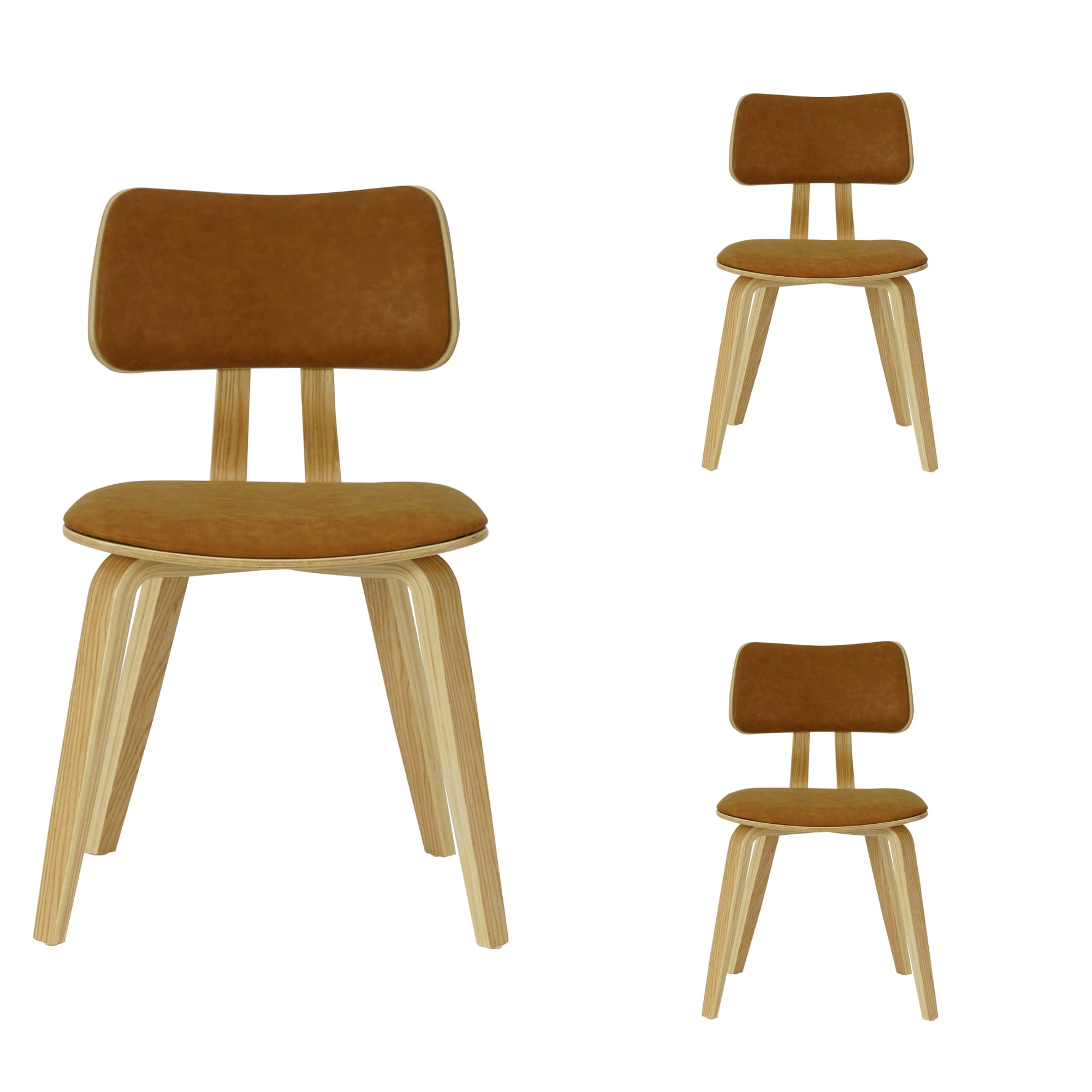 Jaguar Camel Curved Back Wood Dining Chair with Faux Leather Seat Set of 3
