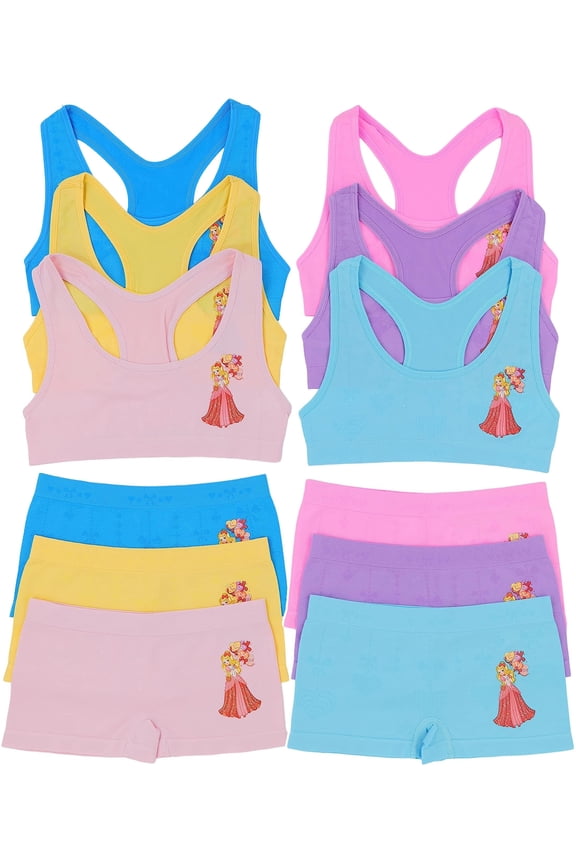Girl's Pack of 6 Racerback Bras & Matching Boyshort Bottoms - Love Balloon Maiden - Large