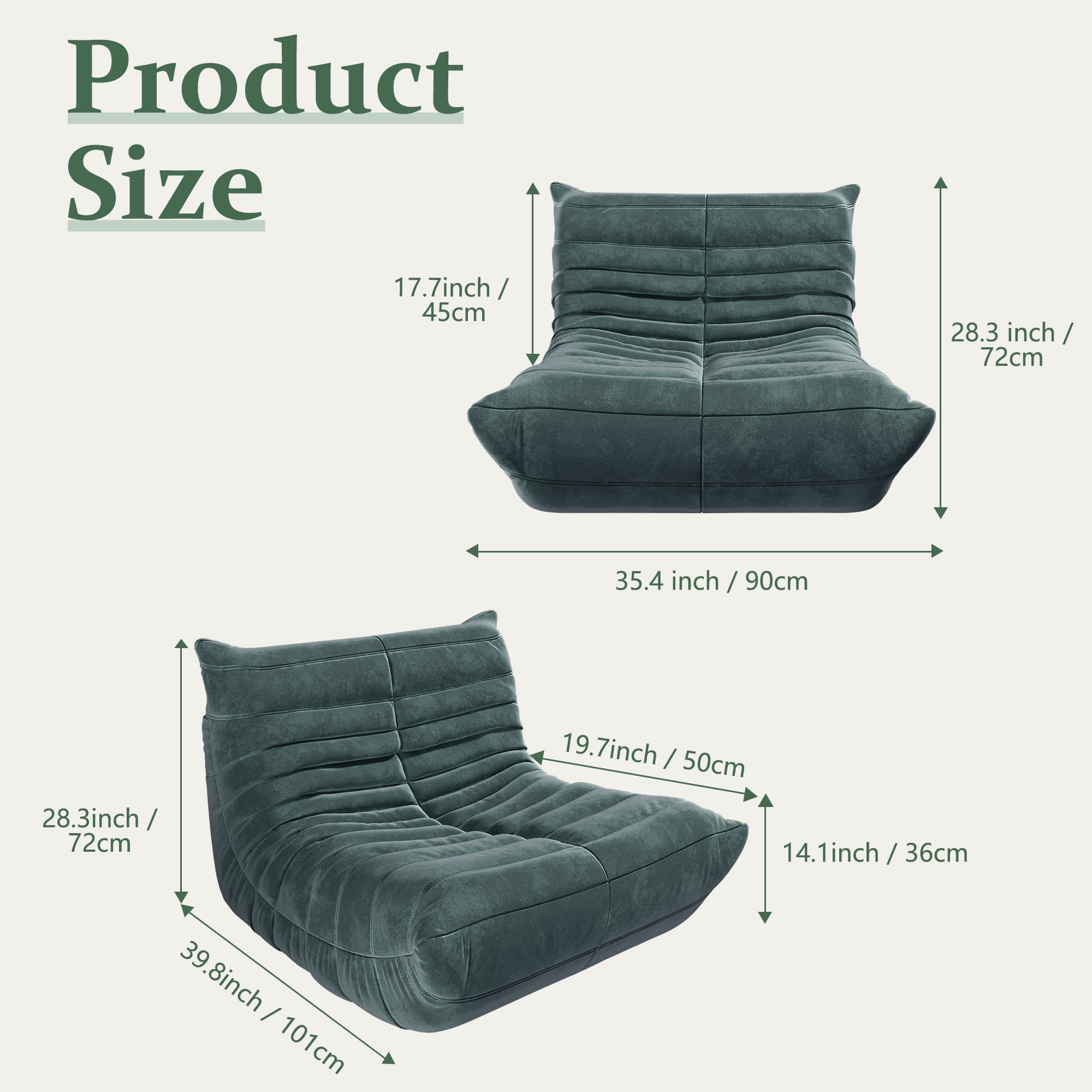 LineCrispton Memory Foam Bean Bag Chair for Adults, Luxury Fabric Compressed Sofa in a Box, Dark Green, Single