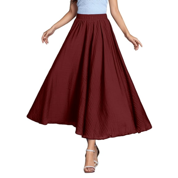 QHFBli Womens Girls Elastic Waist Long Flowy Bohemian Cotton Casual Maxi Skirt for Summer Beach Holiday