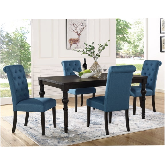 Dark Wash Rubberwood Dining Table Set with 4 Upholstered Chairs, Black Finish