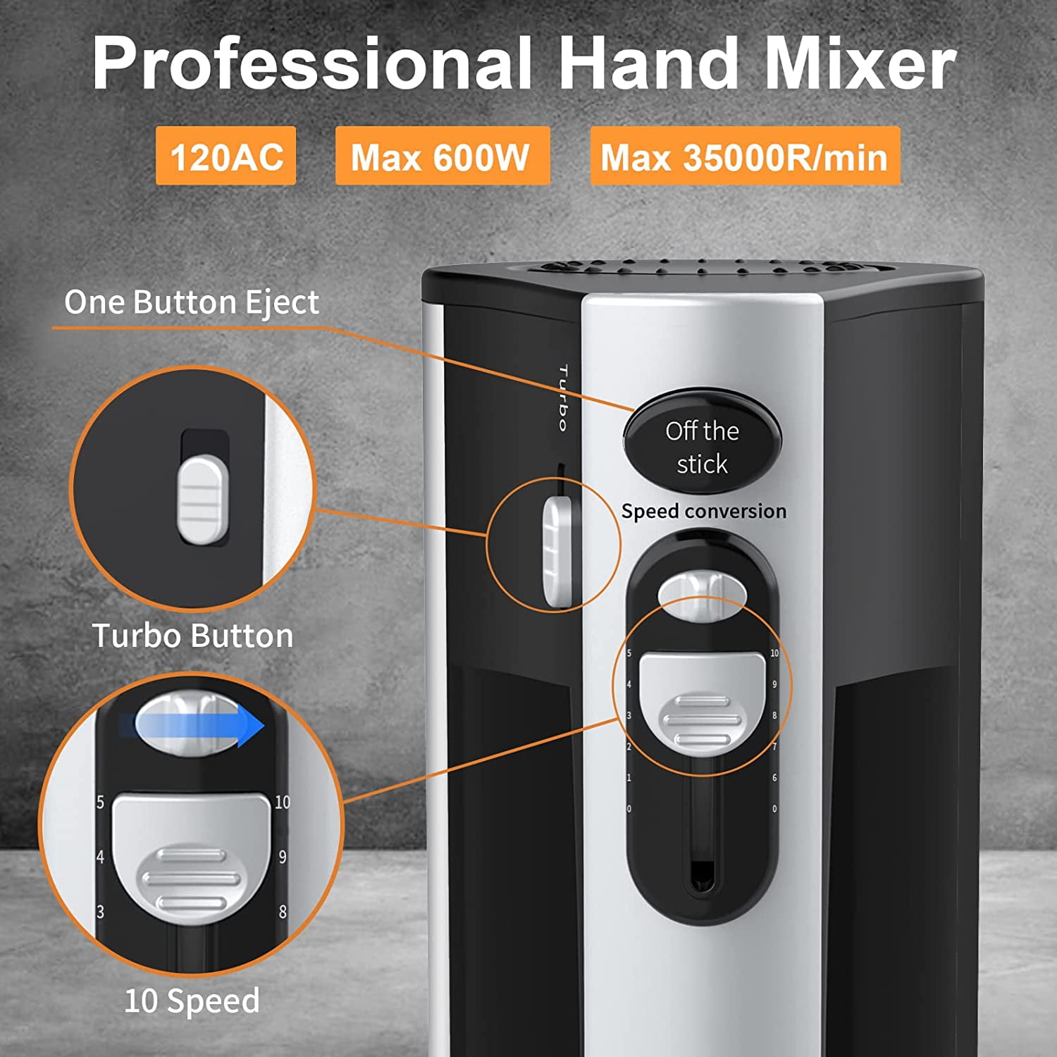 600W Electric Hand Mixer Kitchen Handheld 10 Speed Powerful with Turbo for Baking Cake Lightweight & Personal Egg Beaters Dough Hooks, Whipping Mixing Cookies