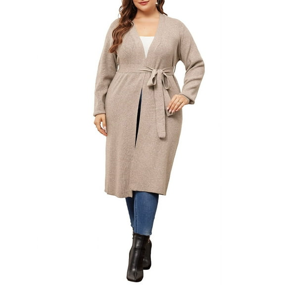 Agnes Orinda Women's Plus Size Sweater Cardigan Knit Long Sleeve Belted Overwear Long Cardigans 2X Khaki